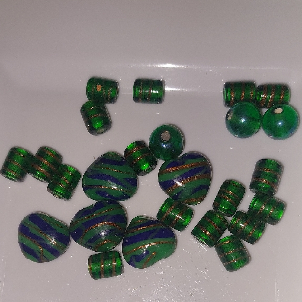 Green,Blue And Gold Stripped Lampwork  Beads .